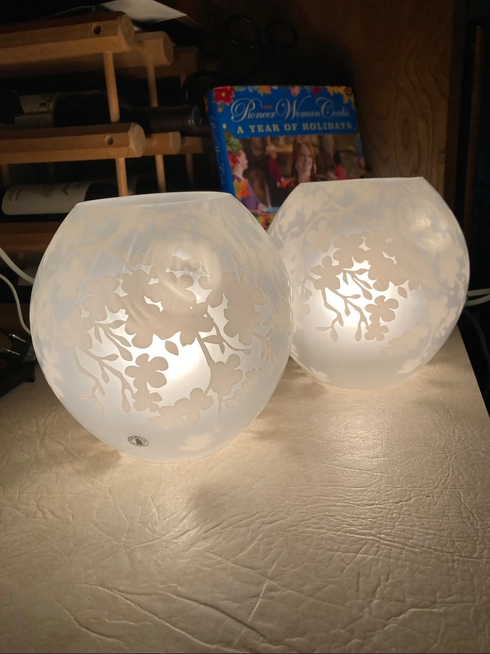 VTG IKEA Knubbig Frosted Cherry Blossom Glass Globe Lamps Set of 2, 7” x 11”